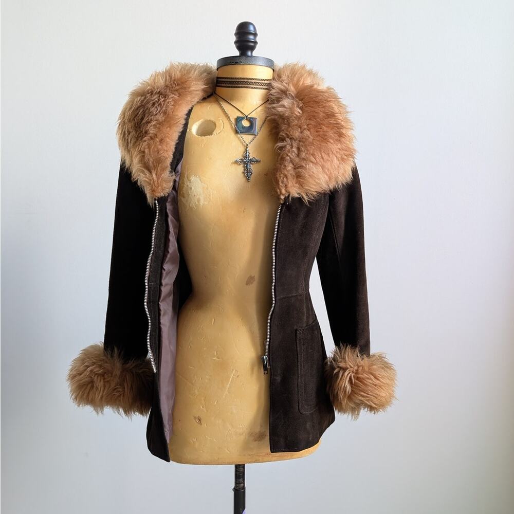 Vintage Brown Suede Penny Lane Jacket Groovy Furry 70s Leather Western Coat Smal - Picture 10 of 11